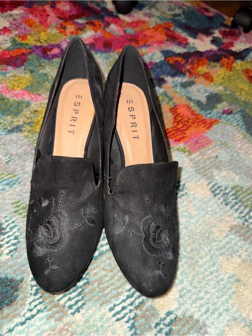 Esprit Women's Black Embroidered Heeled Loafers